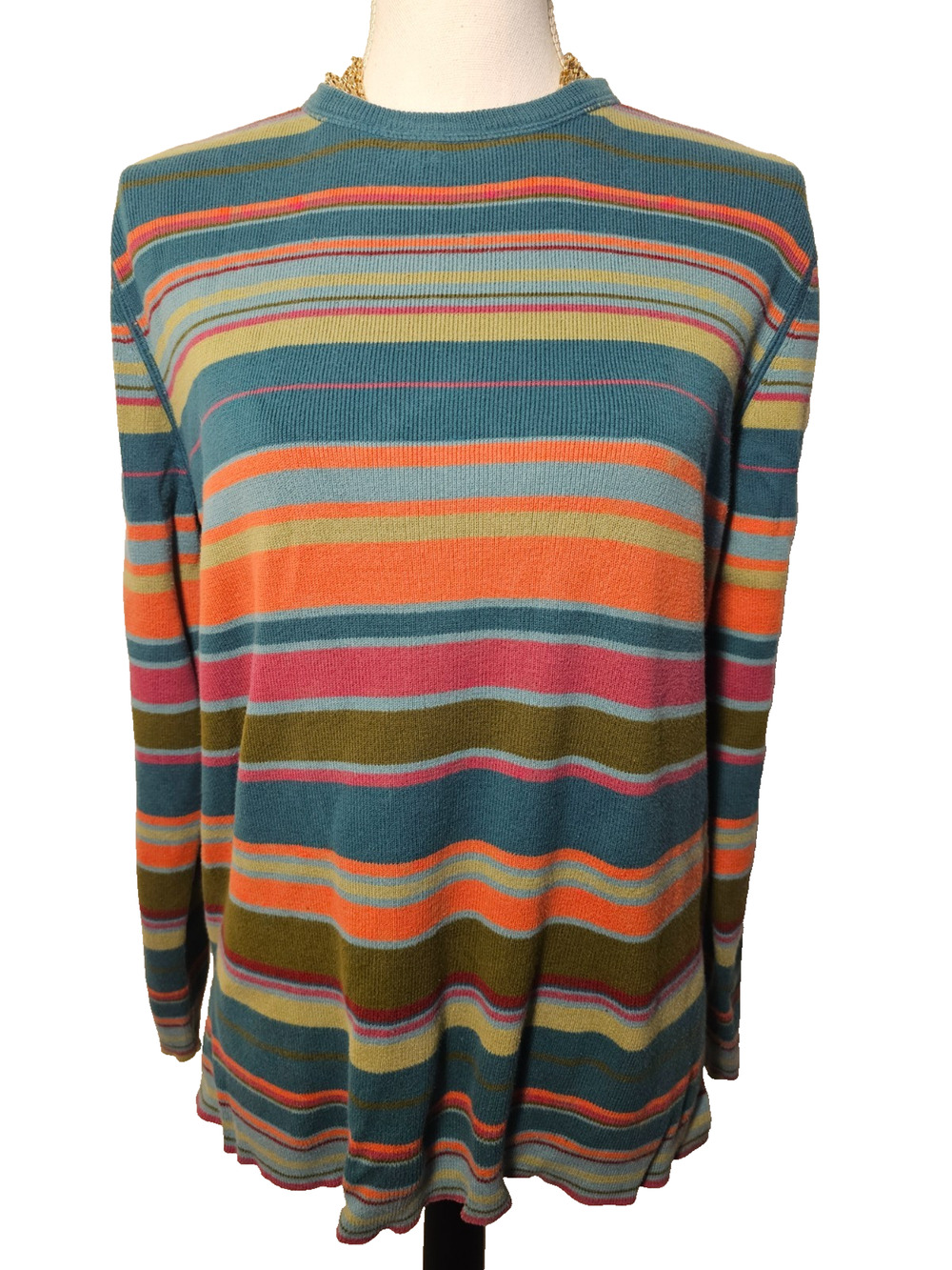 Field Gear Womens 100% Cotton Sweater Green Striped Long Sleeve Crew Neck M